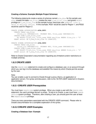 17
Creating a Schema: Example (Multiple Project Schemas)
The following statements create a series of schemas named efds_RGnn for the sample user
efds, creates the table new_filer, creates the view V_new_filer_view, and grants SELECT
privilege on V_new_filer_view to the sample human resources user JHSMIT00 (John H.
Smith at National Office). In this example, RG01 would be used for Region 1, and RG02
would be used for Region 2.
CREATE SCHEMA AUTHORIZATION efds_RG01
CREATE TABLE new_filer
(filer_tin VARCHAR2(10) PRIMARY KEY, filer_name VARCHAR2(35)
CREATE VIEW V_new_filer_view
AS SELECT filer_tin, filer_name FROM new_filer WHERE filer_tin > '0'
GRANT select ON V_new_filer_view TO JHSMIT00;
CREATE SCHEMA AUTHORIZATION efds_RG02
CREATE TABLE new_filer
(filer_tin VARCHAR2(10) PRIMARY KEY, filer_name VARCHAR2(35)
CREATE VIEW V_new_filer_view
AS SELECT filer_tin, filer_name FROM new_filer WHERE filer_tin > '0'
GRANT select ON V_new_filer_view TO JHSMIT00;
Refer to Oracle Corporation’s documentation regarding any limitations and/or restrictions on
multiple schemas.
1.9.2 CREATE USER
Use the CREATE USER statement to create and configure a database user, or an account through
which you can log in to the database and establish the means by which Oracle permits access
by the user.
Note:
You can enable a user to connect to Oracle through a proxy (that is, an application or
application server). For syntax and discussion, refer to the ‘ALTER USER’ statement in Oracle’s
documentation.
1.9.2.1 CREATE USER Prerequisites
You must have CREATE USER system privilege. When you create a user with the CREATE USER
statement, the user's privilege domain is empty. To log on to Oracle, a user must have CREATE
SESSION system privilege. Therefore, after creating a user, you should grant the user at least
the CREATE SESSION privilege.
There are many parameters associated with the CREATE USER command. Please refer to
Oracle’s documentation for a complete explanation of the syntax.
1.9.2.2 CREATE USER Examples
Creating a Database User: Example
 