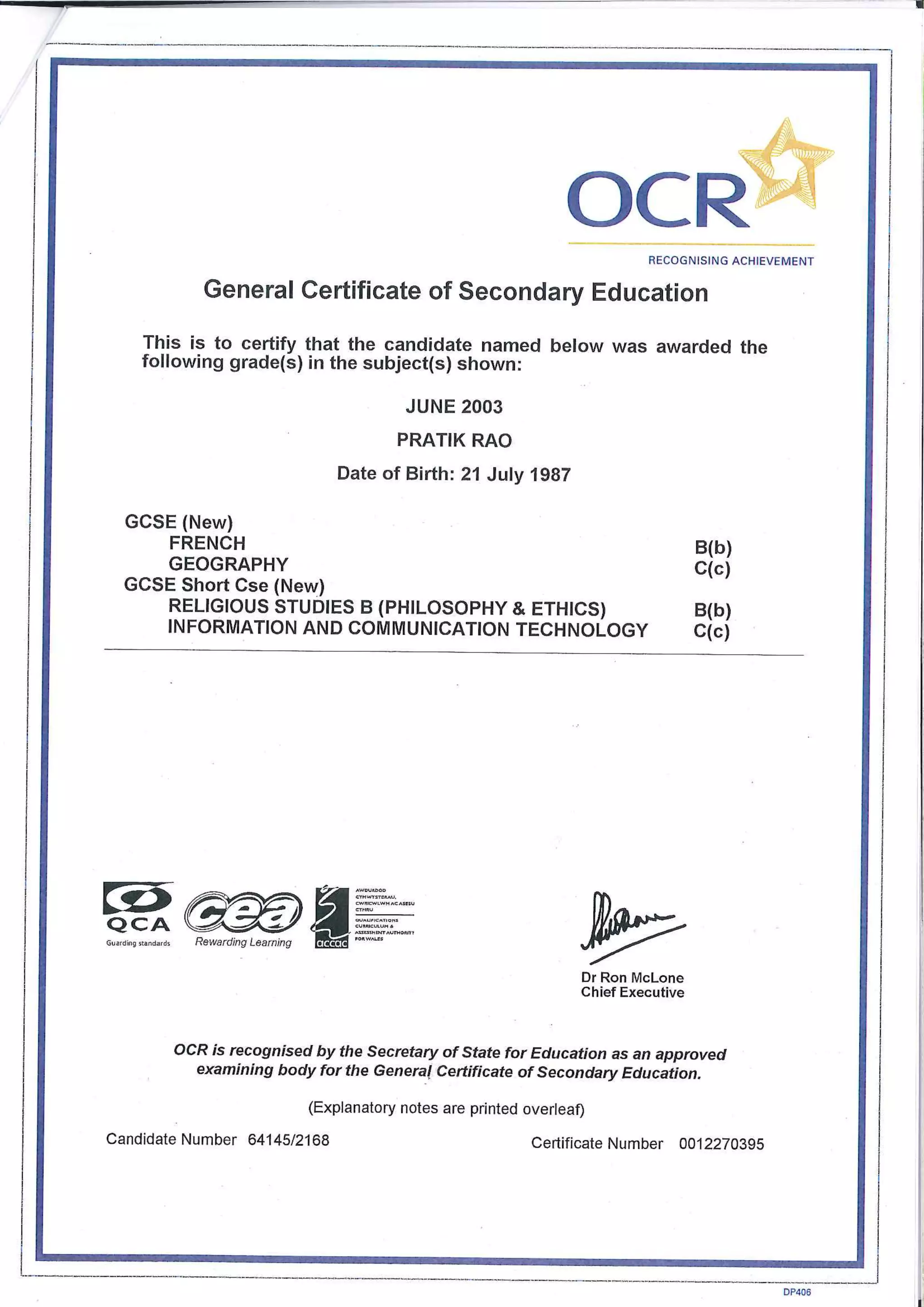 Pratik Rao - GCSE Transcripts | PDF