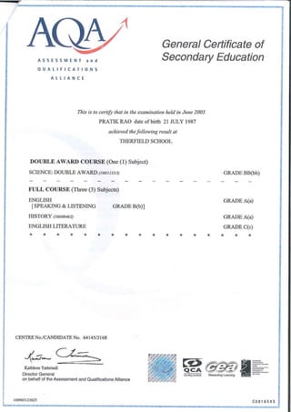 Pratik Rao - GCSE Transcripts | PDF