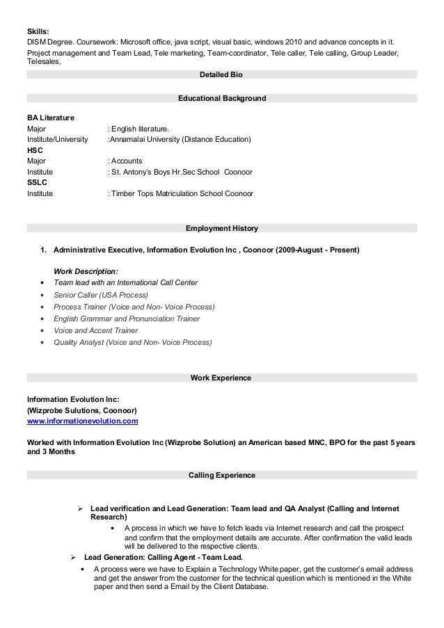 resume format for telecaller