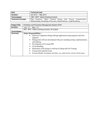 Role Technical Lead 
Duration Jan 2012 – May 2013 
Technologies .NET, WPF, Telerik Charting Controls 
Technical concepts Data Structures, Object Oriented Design, Inter Process Communication, 
Multithreading, Scheduling of Processes, Shared Memory, Graph Rendering 
Project Title Prediction and Prevention Management System (PnP) 
Duration Jan ’12 – May ‘13 
NET, WPF, Telerik Charting Controls, 2D Graphs 
Technologies 
Summary Major Responsibilities : 
· Software Component Design (Design application using sequence and class 
diagram) 
· Manage full software development lifecycle including testing, implementation, 
and auditing. 
· Development of UI using WPF 
· Event Handling. 
· Realization of the design in software (Coding and Unit Testing) 
· Fixing client reported issues. 
· Execute Quality Assurance activities, e.g. code review, review of test cases 
 