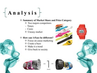 ²  Summary of Market Share and Price Category
²  Two majors competitors
- Timex
- Casio
²  Uneasy market
²  How can 1:Face be different?
²  Focus on cause marketing
²  Create a buzz
²  Make it a trend
²  Give back to society
A n a l y s i s
 
