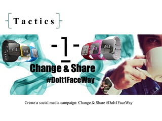 T a c t i c s
Create a social media campaign: Change & Share #DoIt1FaceWay
 