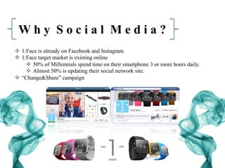W h y S o c i a l M e d i a ?
²  1:Face is already on Facebook and Instagram
²  1:Face target market is existing online
²  50% of Millennials spend time on their smartphone 3 or more hours daily.
²  Almost 50% is updating their social network site.
²  “Change&Share” campaign
 