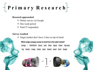 P r i m a r y R e s e a r c h
Research approached
²  Online survey via Google
²  One week period
²  Total 27 respondent
Survey resulted
²  Target market don’t have 1:face as top of mind
 