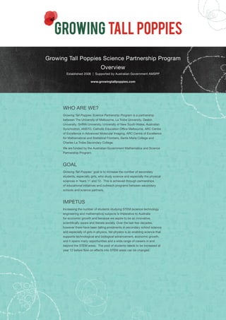 Growing Tall Poppies Science Partnership Program
Overview
Established 2008 | Supported by Australian Government AMSPP
www.growingtallpoppies.com
WHO ARE WE?
Growing Tall Poppies Science Partnership Program is a partnership
between The University of Melbourne, La Trobe University, Deakin
University, Griffith University, University of New South Wales, Australian
Synchrotron, ANSTO, Catholic Education Office Melbourne, ARC Centre
of Excellence in Advanced Molecular Imaging, ARC Centre of Excellence
for Mathematical and Statistical Frontiers, Santa Maria College and
Charles La Trobe Secondary College.
We are funded by the Australian Government Mathematics and Science
Partnership Program.
GOAL
Growing Tall Poppies’ goal is to increase the number of secondary
students, especially girls, who study science and especially the physical
sciences in Years 11 and 12. This is achieved through partnerships
of educational initiatives and outreach programs between secondary
schools and science partners.
IMPETUS
Increasing the number of students studying STEM (science technology
engineering and mathematics) subjects is imperative to Australia
for economic growth and because we aspire to be an innovative,
scientifically aware and literate society. Over the last few decades,
however there have been falling enrolments in secondary school science
and especially of girls in physics. Yet physics is an enabling science that
supports technological and biological advancement, economic growth,
and it opens many opportunities and a wide range of careers in and
beyond the STEM areas. The pool of students needs to be increased at
year 12 before flow on effects into STEM areas can be changed.
 