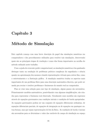 Cap´ıtulo 3
M´etodo de Simula¸c˜ao
Este cap´ıtulo come¸ca com uma breve descri¸c˜ao do papel das simula¸c˜oes num´ericas em
computadores e dos procedimentos utilizados para resolver tais simula¸c˜oes, descrevendo
quais s˜ao as principais etapas de resolu¸c˜ao e como elas foram importantes na escolha do
m´etodo utilizado neste trabalho.
Com a ajuda do crescente poder computacional, as simula¸c˜oes num´ericas vˆem ganhando
destaque tanto na resolu¸c˜ao de problemas pr´aticos complexos da engenharia e ciˆencia
quanto na aproxima¸c˜ao dos mesmos criando representa¸c˜oes virtuais para outros ﬁns, como
o entretenimento e a ilustra¸c˜ao gr´aﬁca. A simula¸c˜ao num´erica traduz os aspectos mais
importantes de um problema f´ısico para uma descri¸c˜ao matem´atica discreta, que pode ser
usada pra recriar e resolver problemas e fenˆomenos do mundo real no computador.
Para se criar uma solu¸c˜ao para esse tipo de simula¸c˜ao, alguns passos s˜ao necess´arios.
Primeiramente modelos matem´aticos, possivelmente com algumas simpliﬁca¸c˜oes, s˜ao cria-
dos para representar o fenˆomeno real observado. Geralmente esses modelos s˜ao expressos
atrav´es de equa¸c˜oes governantes com condi¸c˜oes iniciais e condi¸c˜oes de borda apropriadas.
As equa¸c˜oes governantes podem ser um conjunto de equa¸c˜oes diferenciais ordin´arias, de
equa¸c˜oes diferenciais parciais, de equa¸c˜oes de integra¸c˜ao ou de equa¸c˜oes em quaisquer ou-
tras formas, mas que sejam representa¸c˜oes de leis da f´ısica. As condi¸c˜oes de borda e iniciais
s˜ao necess´arias para se determinar o valor das vari´aveis do campo de simula¸c˜ao no espa¸co
16
 