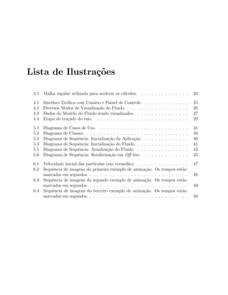 Lista de Ilustra¸c˜oes
3.1 Malha regular utilizada para acelerar os c´alculos. . . . . . . . . . . . . . . 20
4.1 Interface Gr´aﬁca com Usu´ario e Painel de Controle. . . . . . . . . . . . . . 25
4.2 Diversos Modos de Visualiza¸c˜ao do Fluido. . . . . . . . . . . . . . . . . . . 26
4.3 Dados do Modelo do Fluido sendo visualizados. . . . . . . . . . . . . . . . 27
4.4 Etapa de tra¸cado do raio. . . . . . . . . . . . . . . . . . . . . . . . . . . . 29
5.1 Diagrama de Casos de Uso. . . . . . . . . . . . . . . . . . . . . . . . . . . 31
5.2 Diagrama de Classes. . . . . . . . . . . . . . . . . . . . . . . . . . . . . . . 34
5.3 Diagrama de Sequˆencia: Inicializa¸c˜ao da Aplica¸c˜ao. . . . . . . . . . . . . . 40
5.4 Diagrama de Sequˆencia: Inicializa¸c˜ao do Fluido. . . . . . . . . . . . . . . . 41
5.5 Diagrama de Sequˆencia: Atualiza¸c˜ao do Fluido. . . . . . . . . . . . . . . . 43
5.6 Diagrama de Sequˆencia: Renderiza¸c˜ao em Oﬀ-line. . . . . . . . . . . . . . 45
6.1 Velocidade inicial das part´ıculas (em vermelho). . . . . . . . . . . . . . . . 47
6.2 Sequˆencia de imagens do primeiro exemplo de anima¸c˜ao. Os tempos est˜ao
marcados em segundos. . . . . . . . . . . . . . . . . . . . . . . . . . . . . . 48
6.3 Sequˆencia de imagens do segundo exemplo de anima¸c˜ao. Os tempos est˜ao
marcados em segundos. . . . . . . . . . . . . . . . . . . . . . . . . . . . . . 49
6.4 Sequˆencia de imagens do terceiro exemplo de anima¸c˜ao. Os tempos est˜ao
marcados em segundos. . . . . . . . . . . . . . . . . . . . . . . . . . . . . . 50
 