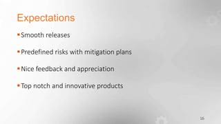 Expectations
Smooth releases
Predefined risks with mitigation plans
Nice feedback and appreciation
Top notch and innovative products
16
 