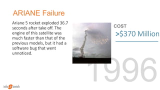 1996
ARIANE Failure
Ariane 5 rocket exploded 36.7
seconds after take off. The
engine of this satellite was
much faster than that of the
previous models, but it had a
software bug that went
unnoticed.
COST
>$370 Million
 