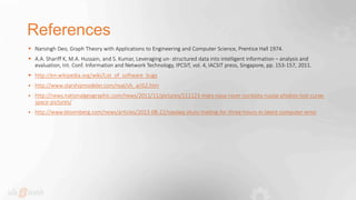 References
 Narsingh Deo, Graph Theory with Applications to Engineering and Computer Science, Prentice Hall 1974.
 A.A. Shariff K, M.A. Hussain, and S. Kumar, Leveraging un- structured data into intelligent information – analysis and
evaluation, Int. Conf. Information and Network Technology, IPCSIT, vol. 4, IACSIT press, Singapore, pp. 153-157, 2011.
 http://en.wikipedia.org/wiki/List_of_software_bugs
 http://www.starshipmodeler.com/real/vh_ari52.htm
 http://news.nationalgeographic.com/news/2011/11/pictures/111123-mars-nasa-rover-curiosity-russia-phobos-lost-curse-
space-pictures/
 http://www.bloomberg.com/news/articles/2013-08-22/nasdaq-shuts-trading-for-three-hours-in-latest-computer-error
 