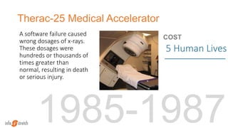1985-1987
Therac-25 Medical Accelerator
A software failure caused
wrong dosages of x-rays.
These dosages were
hundreds or thousands of
times greater than
normal, resulting in death
or serious injury.
COST
5 Human Lives
 
