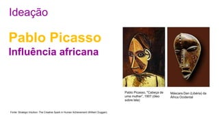 Ideação
Pablo Picasso
Influência africana
Fonte: Strategic Intuition: The Creative Spark in Human Achievement (William Duggan)
Pablo Picasso, "Cabeça de
uma mulher”, 1907 (óleo
sobre tela)
Máscara Dan (Libéria) da
África Ocidental
 