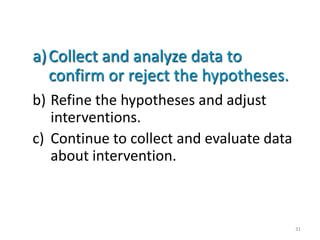 a) Collect and analyze data to
   confirm or reject the hypotheses.
b) Refine the hypotheses and adjust
   interventions.
c) Continue to collect and evaluate data
   about intervention.



                                           31
 