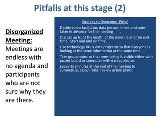 Pitfalls at this stage (2)
                                  Strategy to Overcome Pitfall
                   Decide roles: facilitator, data person, timer, and note-
Disorganized        taker in advance for the meeting        .
                   Discuss up front the length of the meeting and the end
Meeting:            time. Start and end on time.
                    Use technology like a data projector so that everyone is
Meetings are    
                    looking at the same information at the same time.
endless with       Take group notes so that note-taking is visible either with
                    poster board or computer with data projector.
no agenda and      Leave 15 minutes at the end of the meeting to
                    summarize, assign roles, review action plans.
participants
who are not
sure why they
are there.
 