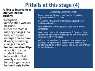 Pitfalls at this stage (4)
Failing to intervene or
                                            Strategy to Overcome Pitfall
intervening too
quickly:                      Cornerstone of Progress monitoring is making
                               adjustments based on data.
• Designing                   Determine how much progress is enough before
  intervention with no         making a change.
  baseline.                   Rule of thumb: Collecting data over 4 to 6 weeks
• Either the team is           (progress).
  making changes too          How many data points do you need? Depends - the
  frequently (not              severity of behavior may require an intervention be
                               implemented very quickly.
  enough time to have
  it work) or making          What is the baseline; do we need it or do we have it
                               already? To determine a pattern, 80% of the data
  changes too late.            points should fall within 15% of the mean line or three
• Implementation Dip-          to five data points.
  a reaction by the
  student to the
  intervention that
  usually means the
  behavior gets worse
  before it gets better.
 