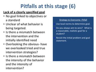 Pitfalls at this stage (6)
Lack of a clearly specified goal
• No goal linked to objectives or
  a standard                               Strategy to Overcome Pitfall
• Unclear of what behavior is          Use local norms to determine goal.
  being targeted.                      Do you always aim to zero? What is
                                        a reasonable, realistic goal for a
• Is there a mismatch between           student?
  the intervention and the             Revisit the initial problem and goal
  initially identified need             statement.
• Overlooking the obvious- have
  we overlooked tried and true
  intervention strategies?
• Is there a mismatch between
  the intensity of the behavior
  and the intensity of
  intervention?
 