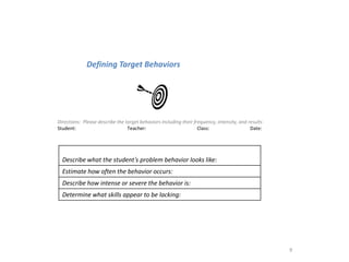 Defining Target Behaviors




Directions: Please describe the target behaviors including their frequency, intensity, and results
Student:                         Teacher:                          Class:                   Date:




  Describe what the student’s problem behavior looks like:
  Estimate how often the behavior occurs:
  Describe how intense or severe the behavior is:
  Determine what skills appear to be lacking:




                                                                                                     9
 