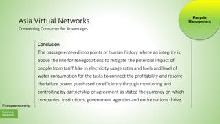 Business
Research
Entrepreneurship
Asia Virtual Networks
Conclusion
The passage entered into points of human history where an integrity is,
above the line for renegotiations to mitigate the potential impact of
people from tariff hike in electricity usage rates and fuels and level of
water consumption for the tasks to connect the profitability and resolve
the failure power purchased on efficiency through monitoring and
controlling by partnership or agreement as stated the currency on which
companies, institutions, government agencies and entire nations thrive.
Connecting Consumer for Advantages
Recycle
Management
 