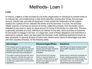 Methods- Loan I
Loan
In finance, a loan is a debt provided by one entity (organization or individual) to another entity at
an interest rate, and evidenced by a note which specifies, among other things, the principal
amount, interest rate, and date of repayment. A loan entails the reallocation of the subject
asset(s) for a period of time, between the lender and the borrower. In a loan, the borrower
initially receives or borrows an amount of money, called the principal, from the lender, and is
obligated to pay back or repay an equal amount of money to the lender at a later time. The loan
is generally provided at a cost, referred to as interest on the debt, which provides an incentive
for the lender to engage in the loan. In a legal loan, each of these obligations and restrictions is
enforced by contract, which can also place the borrower under additional restrictions known as
loan covenants. In general all types of loans have almost same nature of advantages and risks
with their possible remedies. As the following table;
Advantages Disadvantages/Risks Solutions
From taxation point of view the paid
interest could be considered as cost and
deducted from total profit, so lesser tax
would be paid and more profit gained.
All the payments including
interest and principals should be
paid on their due dates and
maturities.
Solid BP with the least deviation beside
precise BEP calculation should be in
place.
The project could be financed with short-
mid or long term maturity time upon our
choice. Furthermore loan providers are
usually large organizations with practical
regulations.
Good financial and business
history is required beside all
securities. Project wind up could
happen since payment are not
link to project BEP.
Beside above mentioned necessities as
B plan needed guarantees should be
considered. Also from long enough time
high level of turn over and financial
outstanding should be foreseen.
 