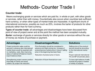 Methods- Counter Trade I
Counter trade:
Means exchanging goods or services which are paid for, in whole or part, with other goods
or services, rather than with money. Countertrade also occurs when countries lack sufficient
hard currency, or when other types of market trade are impossible. A significant chunk of
international commerce, possibly as much as 25%, involves the barter of products for other
products rather than for hard currency.
Types of counter trade: all advantages and disadvantages have been discussed from
point of view of project owner and at the point the method has been accepted mutually.
Barter: exchange of goods or services directly for other goods or services without the use
of money as means of purchase or payment.
Advantages Disadvantages/Risks Solutions
Project production sales could be
secured in advance also international
market share would be awarded with
no marketing costs. Also improving
status of national off balance import/
export balance sheet.
Price fluctuation should be considered in
advance and Right pricing too. Increase of
product/service market price in future if selling
price in the beginning has been fixed.
Selling price of the product/
service should be according
to the international market
price.
Reduction of product price in future. Proper national/ international
FS and BP should take place.
Strengthening project owners position
financially for banks and share
holders. By project risk reduction.
Reduction of future financial turn over. To have right balance of sells.
Include the project in basket
of variety of projects.
 