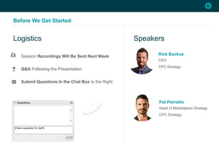 Before We Get Started
Session Recordings Will Be Sent Next Week
Q&A Following the Presentation
Submit Questions In the Chat Box to the Right
Logistics Speakers
Rick Backus
CEO
CPC Strategy
Pat Petriello
Head of Marketplace Strategy
CPC Strategy
 