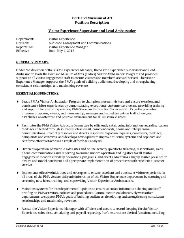Visitor Experience Supervisor And Lead Ambassador 4 21 16