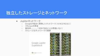 独立したストレージとネットワーク
● Jupiterネットワーク
○ Googleが独自に開発したネットワーク（ H/W,S/Wともに）
○ 1Pb/secの帯域
○ 謎技術。。。。。（SDNであることは間違いない）
○ ストレージはネットワークで接続
 