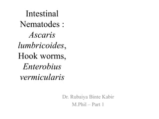 Intestinal
Nematodes :
Ascaris
lumbricoides,
Hook worms,
Enterobius
vermicularis
Dr. Rubaiya Binte Kabir
M.Phil – Part 1
 