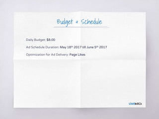 Budget & Schedule
Daily Budget: $8.00
Ad Schedule Duration: May 18th 2017 till June 5th 2017
Optimization for Ad Delivery: Page Likes
 