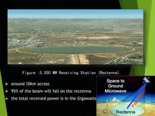  around 10km across
 95% of the beam will fall on the rectenna
 the total received power is in the Gigawatts (GW)
Figure :5,000 MW Receiving Station (Rectenna).
 
