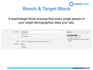Reach & Target Block
A reach/target block ensures that every single person in
your target demographics sees your ads.
 