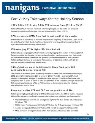 [Type text]

[Type text]

Predictive Lifetime Value

Part VI: Key Takeaways for the Holiday Season
152% ROI in 2013, with 3.75X CTR increase from Q3’12 to Q3’13
Retail CMOs should increase Facebook advertising budgets, as the sector has achieved
increasing engagement in the past year and strong, positive return in 2013.

37% increase in CPMs from first to last month of the quarter
Retailers have an opportunity to increase budgets at the beginning of the quarter. Costs rise at
the end of quarter, likely due to heightened demand for inventory at this time as brands and
agencies rush to meet quarterly volume goals.

iOS averaging 17.9X higher ROI than Android
Retailers have a large opportunity on mobile, currently lagging other sectors in their adoption of
Facebook mobile ads. Despite this, the number of retailers tracking revenue from their mobile
ad investments to better understand the quality of customers increased 3X from Q1 to Q3.
Retailers should continue to understand their audience by operating system, with iOS on
average generating significantly greater return.

74% of desktop spend is delivered in News Feed, with RHS
continuing to deliver strong ROI
The fraction of retailer ad spend on desktop delivered to News Feed has increased steadily in
2013, growing from comprising 35% of spend in Q1 to 74% in Q3 – averaging 79% most
recently in September. Adoption of unpublished page post ads in the News Feed grew from
comprising 20% of spend in March to 68% in September. At the same time, through the lens of
ROI, domain ads to external URLs on RHS continue to deliver strong return for retailers,
averaging 211% ROI for 2013.

Proxy metrics like CTR and CPC are not predictive of ROI
Retailers moving beyond optimizing for CTR and low cost metrics like CPC to lifetime value and
lifetime ROI will spend their Facebook advertising dollars most effectively, as showcased by:
• Unpublished Page post link ads average 23X higher CTRs than domain ads, yet average
53% lower ROI
• FBX in News Feed averages 28X higher CTRs than the RHS, yet average 15% lower ROI
• Android averages 2.2X higher CTRs than iOS, yet iOS averages 17.9X higher ROI
• Male audiences average 9% lower CPCs than females, yet average 26% lower ROI
24
www.nanigans.com | 60 State St., 12th Floor, Boston, Ma | 02109 | Info@nanigans.com | Phone: 857-277-0364 | Fax: 857-350-3614

 