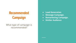 Recommended
Campaign
What type of campaign is
recommended?
● Lead Generation
● Message Campaign.
● Remarketing Campaign.
● Similar Audience
 