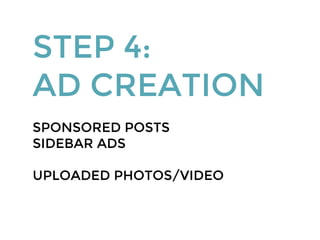 STEP 4:
AD CREATION
SPONSORED POSTS
SIDEBAR ADS
UPLOADED PHOTOS/VIDEO
 