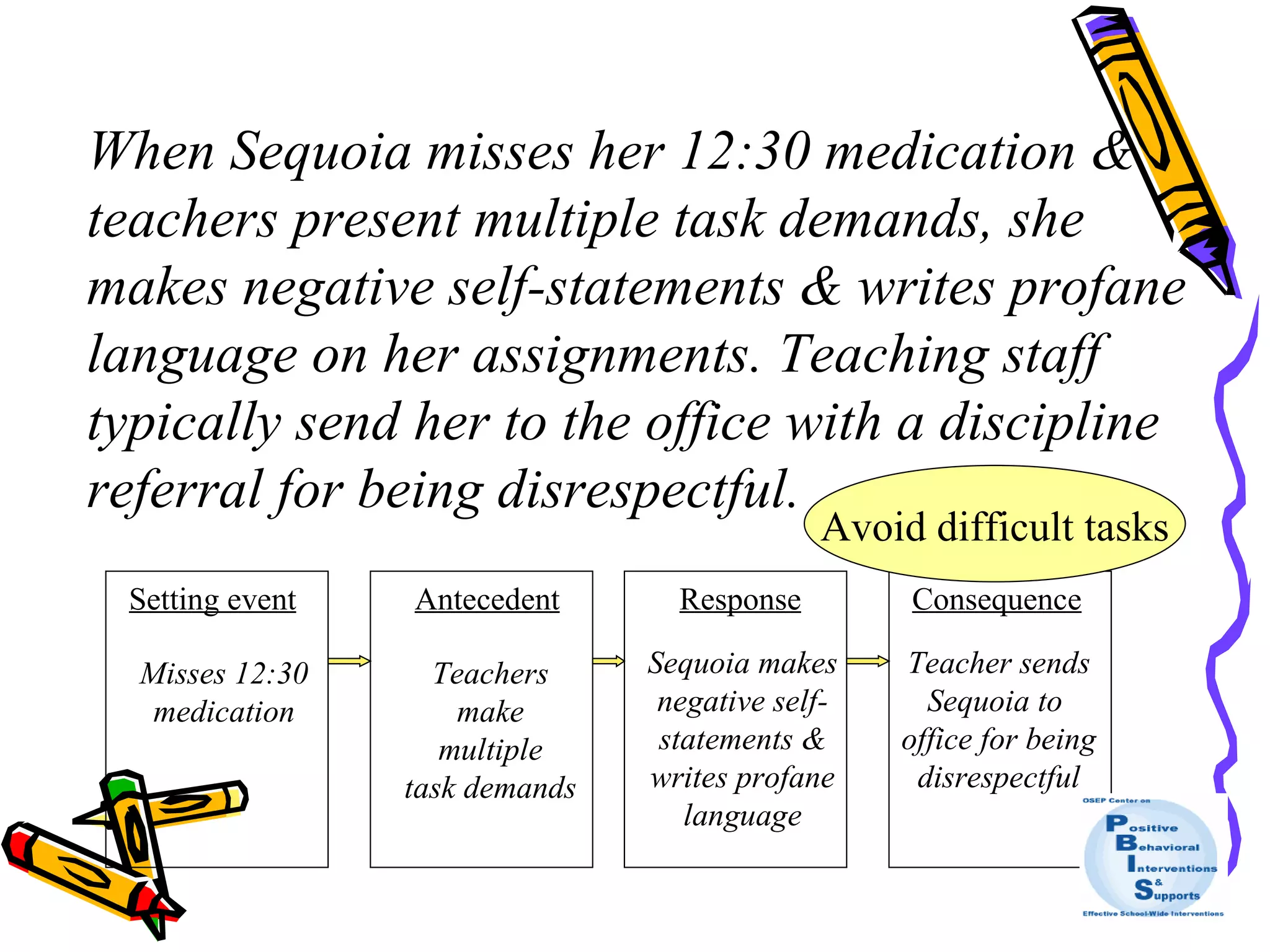 When Sequoia misses her 12:30 medication & teachers present multiple task demands, she makes negative self-statements & writes profane language on her assignments. Teaching staff typically send her to the office with a discipline referral for being disrespectful. Setting event Antecedent Response Consequence Misses 12:30 medication Teachers make multiple task demands Sequoia makes negative self- statements & writes profane language Teacher sends Sequoia to  office for being disrespectful What function? Avoid difficult tasks 