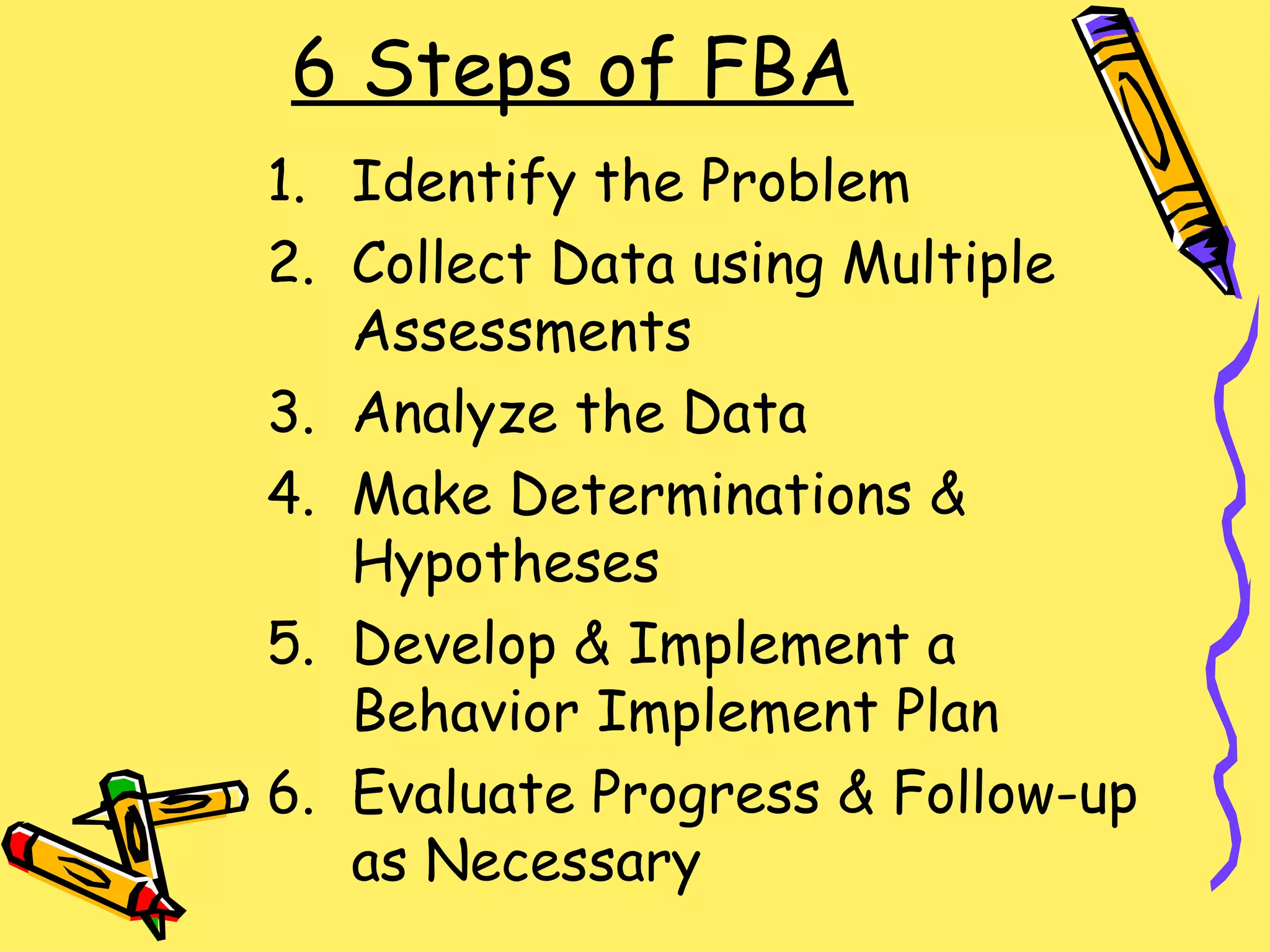 6 Steps of FBA Identify the Problem Collect Data using Multiple Assessments Analyze the Data Make Determinations & Hypotheses Develop & Implement a Behavior Implement Plan Evaluate Progress & Follow-up as Necessary 