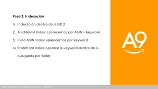 Jordi Ordóñez / Consultor Ecommerce - Amazon
Fase 2. Indexación
1) Indexación dentro de la BDD
2) Traditional Index: apare...