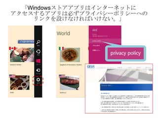 「Windowsストアアプリはインターネットに
アクセスするアプリは必ずプライバシーポリシーへの
    リンクを設けなければいけない。」
 