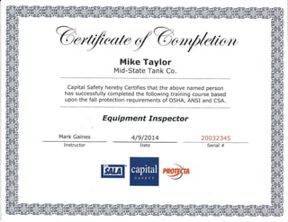 Capital Safety Equipment Inspector Cert