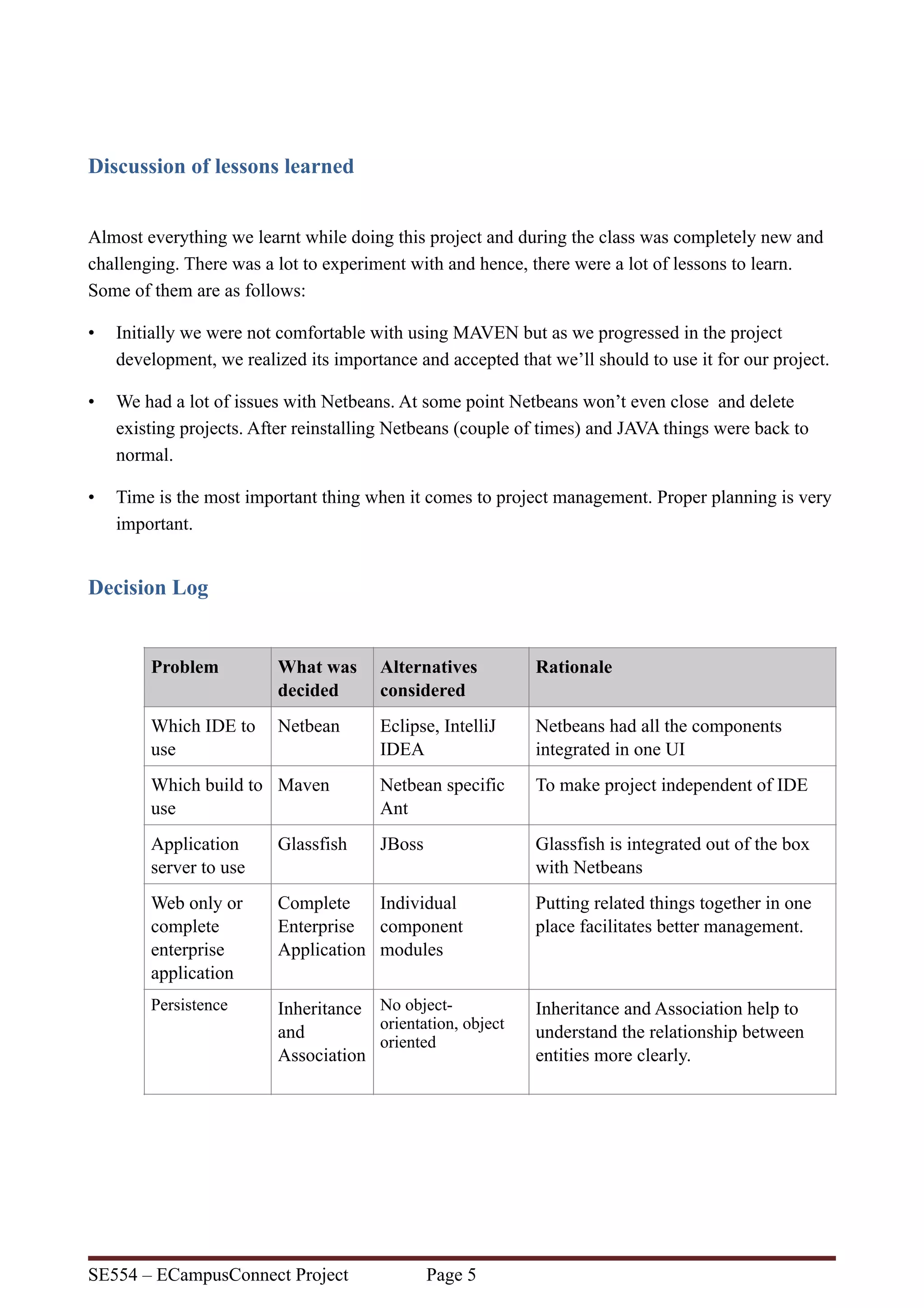 Discussion of lessons learned
Almost everything we learnt while doing this project and during the class was completely new and
challenging. There was a lot to experiment with and hence, there were a lot of lessons to learn.
Some of them are as follows:
• Initially we were not comfortable with using MAVEN but as we progressed in the project
development, we realized its importance and accepted that we’ll should to use it for our project.
• We had a lot of issues with Netbeans. At some point Netbeans won’t even close and delete
existing projects. After reinstalling Netbeans (couple of times) and JAVA things were back to
normal.
• Time is the most important thing when it comes to project management. Proper planning is very
important.
Decision Log
Problem What was
decided
Alternatives
considered
Rationale
Which IDE to
use
Netbean Eclipse, IntelliJ
IDEA
Netbeans had all the components
integrated in one UI
Which build to
use
Maven Netbean specific
Ant
To make project independent of IDE
Application
server to use
Glassfish JBoss Glassfish is integrated out of the box
with Netbeans
Web only or
complete
enterprise
application
Complete
Enterprise
Application
Individual
component
modules
Putting related things together in one
place facilitates better management.
Persistence Inheritance
and
Association
No object-
orientation, object
oriented
Inheritance and Association help to
understand the relationship between
entities more clearly.
SE554 – ECampusConnect Project Page !5
 