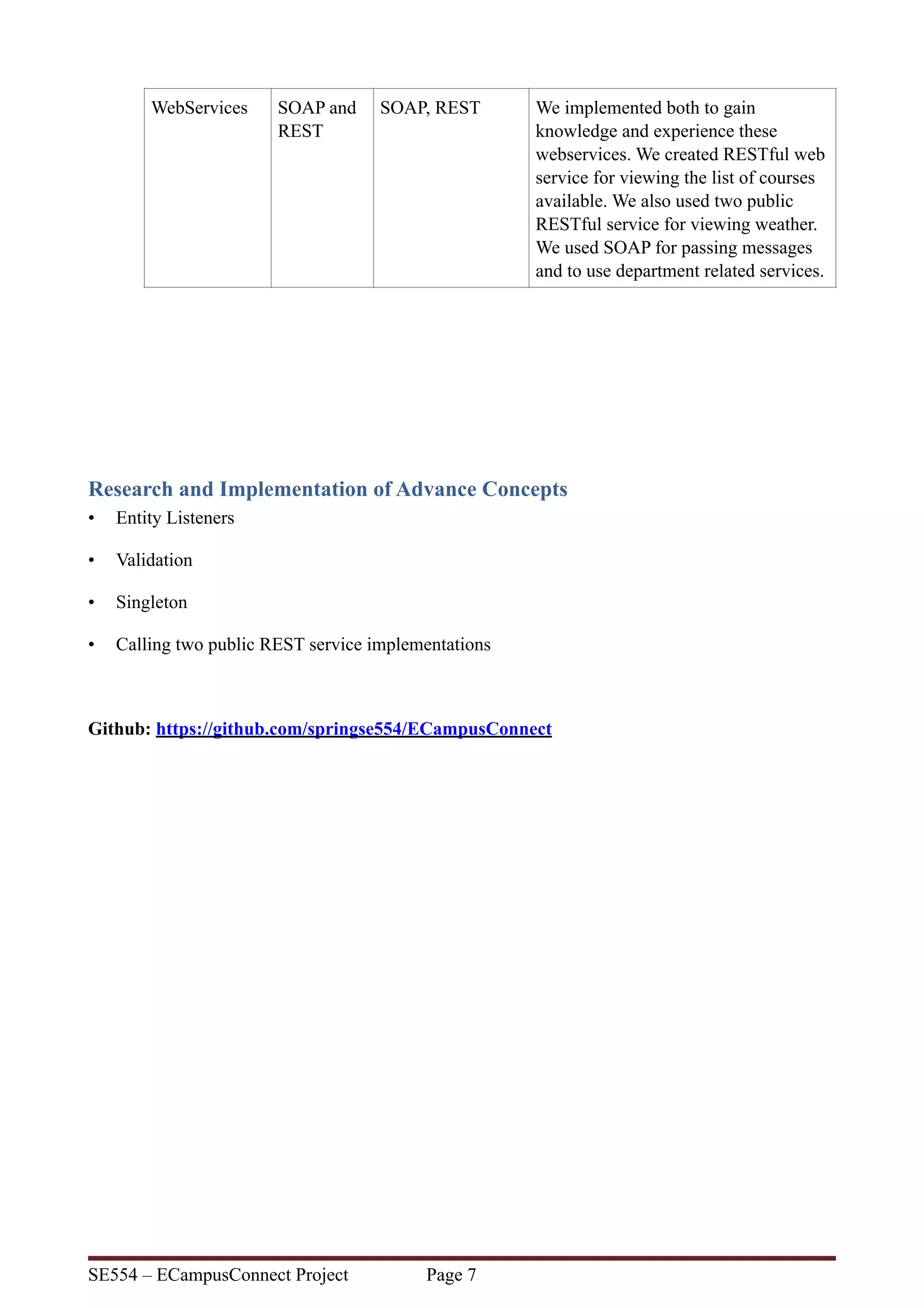 Research and Implementation of Advance Concepts
• Entity Listeners
• Validation
• Singleton
• Calling two public REST service implementations
Github: https://github.com/springse554/ECampusConnect
WebServices SOAP and
REST
SOAP, REST We implemented both to gain
knowledge and experience these
webservices. We created RESTful web
service for viewing the list of courses
available. We also used two public
RESTful service for viewing weather.
We used SOAP for passing messages
and to use department related services.
SE554 – ECampusConnect Project Page !7
 