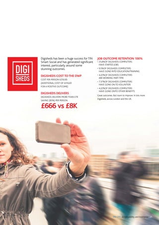 25TIN ON... Employability and Enterprise
Digisheds has been a huge success for TIN
Smart Social and has generated significant
interest, particularly around some
stunning outcomes.
DIGISHEDS COST TO THE DWP
COST PER PERSON £250.00
(ADDITIONAL COST OF £416.65
FOR A POSITIVE OUTCOME)
DIGISHEDS DELIVERS
DIGISHEDS DELIVERS MORE THAN £7K
SAVING (85%) PER PERSON
£666 vs £8K
JOB OUTCOME RETENTION 100%
• 25.8%OF DIGISHEDS COMPLETERS
HAVE STARTED JOBS
• 9.5%OF DIGISHEDS COMPLETERS
HAVE GONE INTO EDUCATION/TRAINING
• 4.22%OF DIGISHEDS COMPLETERS
ARE WORKING PART-TIME
• 7.37%OF DIGISHEDS COMPLETERS
HAVE GONE ON TO VOLUNTEER
• 4.22%OF DIGISHEDS COMPLETERS
HAVE GONE ONTO OTHER BENEFITS
Great outcomes. But room to improve. In lots more
Digisheds, across London and the UK.
 