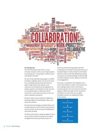 6 TIN ON... Social Thinking
Our TIN Approach
TIN (Think INnovation) Smart Social is a social
innovation consultancy.There’s a social impact signature
to everything we do – doing things in a different way to
make peoples’ lives better.
We work to help individuals (young people on modified
timetables or high-flyer cohorts, over 50s and the long-
term unemployed, potential social and commercial
leaders, change makers, career explorers, social
intrapreneurs and entrepreneurs) and organisations to
embrace, experience and embed the concept and value
of social transformation, to enable them and the
communities in which they live and work, to drive and
achieve sustainable social growth.
We have a culture of care, curiosity and collaboration,
developing insight and understanding to deliver social
impact and innovation.
We achieve this by leveraging our branded delivery and
innovation lifecycle across four Practice areas focused on
Social Investment, Social Learning, Social Wellbeing and
Social Impact Branding.
TIN Client activities and our people are aligned to one of
our four Practices, where we innovate (in our physical
and digital environments) and develop (within our
community-powered training programmes) while
owning projects and driving outcomes (sponsored by our
local place-shapers, voluntary, education, and enterprise
partners), as well as connecting collaboratively, working
cross-practice and sharing knowledge and skills (through
our Global Intrapreneur Society capacity and resources)
on key engagements.
We provide a comprehensive and integrated suite of
services that empower our Clients to ask questions and
solve challenges relevant to their social impact or
innovation approach. Our tools and services have been
designed to address the range of Client requirements
and requests we receive from start-ups, digital
marketing, innovation, and wellbeing and impact
research analysis.
1
Discovery and Ideas
2
Plan and Incubate
3
Deliver and Prove
4
Evaluate and Improve
5
Showcase and Scale
 