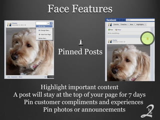 Face Features


                 Pinned Posts



          Highlight important content
A post will stay at the top of your page for 7 days
   Pin customer compliments and experiences
            Pin photos or announcements
 