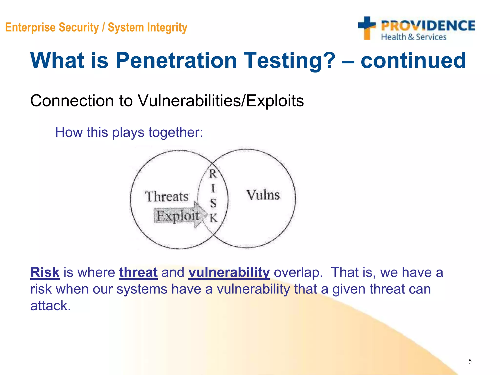5
Enterprise Security / System Integrity
What is Penetration Testing? – continued
Connection to Vulnerabilities/Exploits
How this plays together:
Risk is where threat and vulnerability overlap. That is, we have a
risk when our systems have a vulnerability that a given threat can
attack.
 