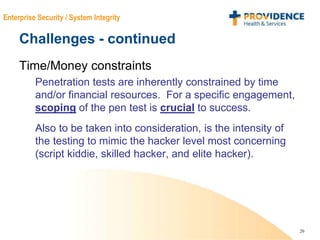 20
Enterprise Security / System Integrity
Challenges - continued
Time/Money constraints
Penetration tests are inherently constrained by time
and/or financial resources. For a specific engagement,
scoping of the pen test is crucial to success.
Also to be taken into consideration, is the intensity of
the testing to mimic the hacker level most concerning
(script kiddie, skilled hacker, and elite hacker).
 