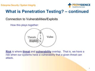 5
Enterprise Security / System Integrity
What is Penetration Testing? – continued
Connection to Vulnerabilities/Exploits
How this plays together:
Risk is where threat and vulnerability overlap. That is, we have a
risk when our systems have a vulnerability that a given threat can
attack.
 