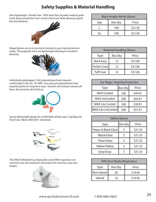 www.quickabrasives10.com 1-800-680-4662
Safety Supplies & Material Handling
24
Black Knight Nitrile Gloves
Size
L
XL
Box Qty
100
100
Box Qty
20
10
Box Qty
5
5
5
5
5
Price
$21.95
$21.95
Price
$44.91
$64.91
$39.91
$57.91
Ear Plugs / Hearing Protection
Safety Glasses
N95 Dust Masks/Respirators
Individually polybagged. Soft polyurethane foam expands
comfortably in the ear. 30 NRR. Low pressure polyurethane foam
expands gently for long-term wear. Smooth,soil-resistant closed-cell
foam skin prevents dirt build-up.
The ONE-Fit Molded Cup disposable valved N95 respirators are
universal,one size respirators designed to fit most face sizes and
shapes.
Sporty lightweight design for comfortable all day wear. Fog-Bag and
Hard Coat. Meets ANSI Z87+ Standards.
Dipped gloves are an economical solution to your hand protection
needs. The polyester liners are lightweight allowing for excellent
dexterity.
Ultra lightweight. Powder free. 100% latex free.Durable medical grade
nitrile allows protection from certain chemicals while allowing superb
feel and dexterity.
Material Handling Gloves
Type
Work Easy
Perfect Coat
Tuff Coat
Type
Non-Valved
Valved
Type
MAX Corded
MAX UnCorded
MAX Lite Corded
MAX Lite UnCorded
Type
*Vapor II Black/Clear
*Black/Clear
*Clear/Clear
Yellow/Yellow
Gray/Gray
Box Qty
12
12
12
Price
$51.00
$51.00
$51.00
Price
$19.95
$19.95
Price
$21.25
$21.25
$21.25
$21.25
$21.25
Box Qty
100
200
100
200
 