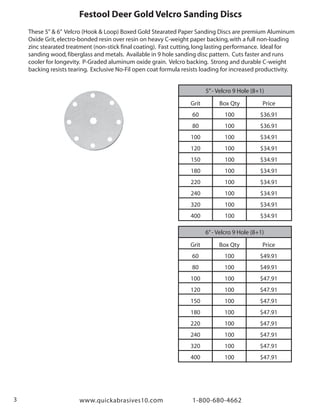 www.quickabrasives10.com 1-800-680-46623
Festool Deer Gold Velcro Sanding Discs
5”- Velcro 9 Hole (8+1)
Grit
60
80
100
120
150
180
220
240
320
400
Box Qty
100
100
100
100
100
100
100
100
100
100
Price
$36.91
$36.91
$34.91
$34.91
$34.91
$34.91
$34.91
$34.91
$34.91
$34.91
6”- Velcro 9 Hole (8+1)
Grit
60
80
100
120
150
180
220
240
320
400
Box Qty
100
100
100
100
100
100
100
100
100
100
Price
$49.91
$49.91
$47.91
$47.91
$47.91
$47.91
$47.91
$47.91
$47.91
$47.91
These 5" & 6” Velcro (Hook & Loop) Boxed Gold Stearated Paper Sanding Discs are premium Aluminum
Oxide Grit,electro-bonded resin over resin on heavy C-weight paper backing,with a full non-loading
zinc stearated treatment (non-stick final coating). Fast cutting,long lasting performance. Ideal for
sanding wood,fiberglass and metals. Available in 9 hole sanding disc pattern. Cuts faster and runs
cooler for longevity. P-Graded aluminum oxide grain. Velcro backing. Strong and durable C-weight
backing resists tearing. Exclusive No-Fil open coat formula resists loading for increased productivity.
 
